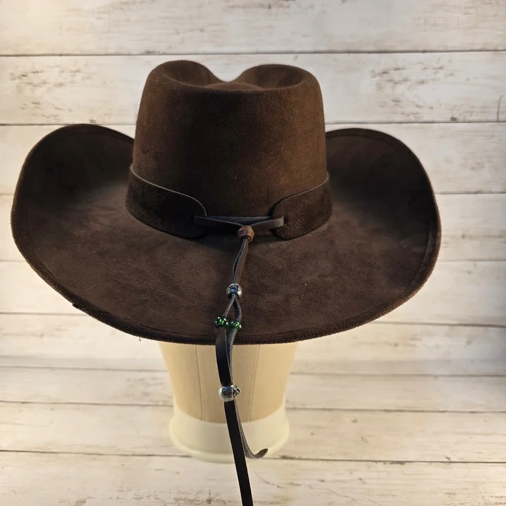 Run A Muck Brown Faux Suede Cowboy Hat Western Concho Beaded Drawstring Hat